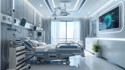 A hospital room with a bed, a television, and a potted plant