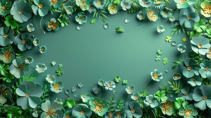 Naklejka premium frame of st patrick s day paper cut clover,gold coins on green background.stock image