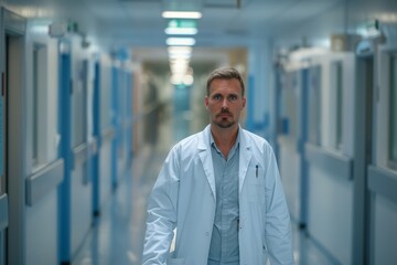 Fototapeta premium Doctor walking down a hospital corridor, looking serious and focused.