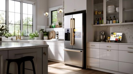 A modern kitchen with a stainless steel refrigerator and a white countertop