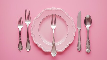 Neat silverware and spotless plate on soft pink surface.