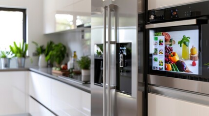 A modern kitchen with a stainless steel refrigerator and a white countertop