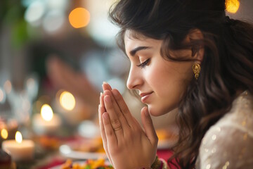Young indian woman praying with hands clasped, eyes closed, bokeh lights, conveying peace and introspection, concept of faith and family, includes Thanksgiving