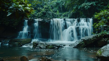 Serene waterfall in lush forest, cascading over rocks and stones, beautiful wallpaper