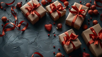 frame border of gift boxes,red ribbon bows heart shaped candy on gray background flat lay top view.stock photo