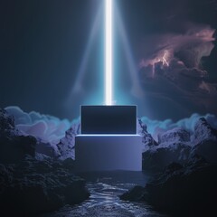 a box with a light shining through it on a dark night