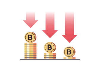 Coins falling down with arrows and golden coins stack modern digital money crypto currency concept flat vector illustration.	
