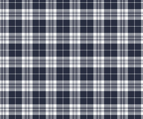 Plaid pattern, navy blue, white, seamless for textiles and design clothing, skirts, pants, aprons, tablecloths, blankets or decorative fabrics. Vector illustration.