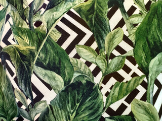 Seamless background illustration of tropical palm leaves overlay or superimposed on black greek key meander pattern at the background