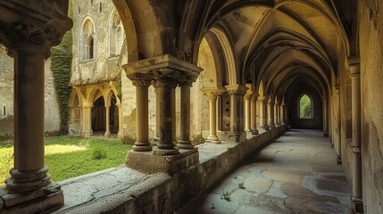A picturesque view of an ancient, stone-built cloister with weathered, arched walkways. The cloister features intricately carved columns with detailed capitals supporting the arches. The floor is comp