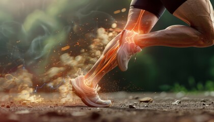 Create an image that visually represents the immense pressure exerted on the knees during running. Depict a runner in mid-stride, with a clear focus on the knee joint