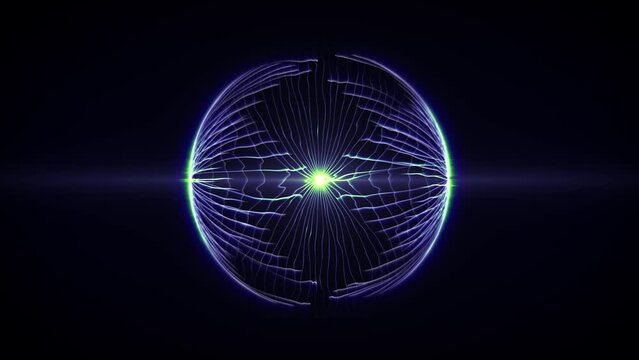 Seamless loop background with abstract blue energy sphere made of liquid strings with green glow effect. Shiny molecule orb with soft light and floating transparent waves inside. Looped 4K 60fps