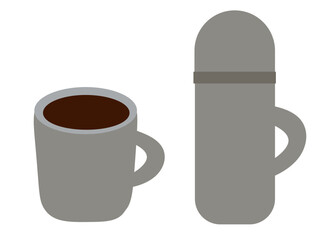 Cup and thermos. Outing equipment. Camping travel trekking scouts tool, hiking gear adventure trip. Summer vacation. Camp objects tourism. Vector flat illustration.