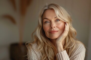 Blonde woman with a soft smile, resting her hand on her face in a warm, natural setting.