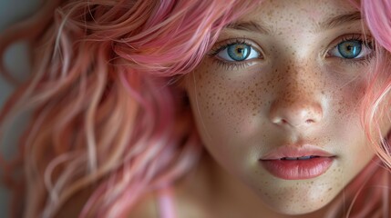 portrait of a young girl,pink hair close up.stock image