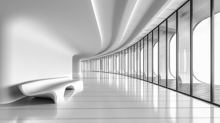 Futuristic White Hallway with Curved Benches