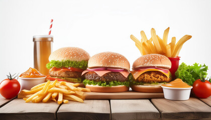Burgers, french fries and other fast food on wooden table against white background © Made