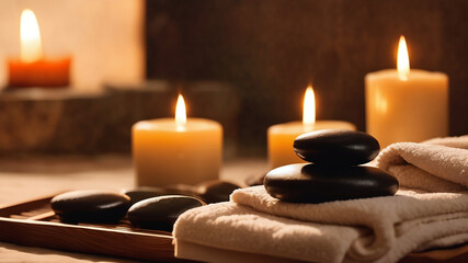 a spa setting with candles and stone, hot stones, calming atmosphere 