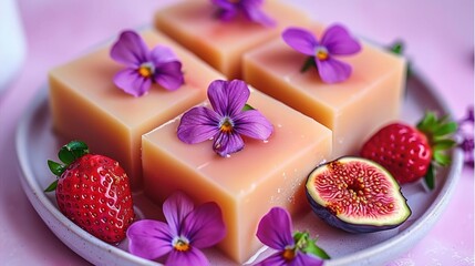  A close-up of a fruit and flower plate on a purple tablecloth against a pink backdrop