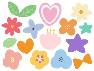 Set with cute heart, star, ribbon, flower blossom blooming and leaves