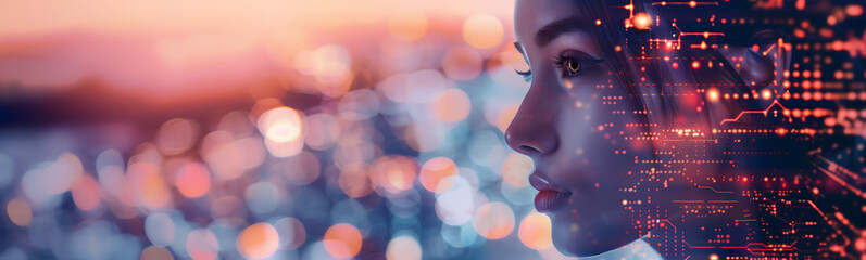 Fototapeta premium Digital human, artificial intelligence, close-up of ai face and circuit board elements, copy space