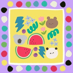 Doodle brown bear, koala bear, panda bear fruit and blossom wrapping paper  wallpaper doodle colorful scarf