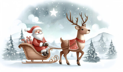 Watercolor painting of a Santa Claus is riding in a red sleigh pulled by reindeer.