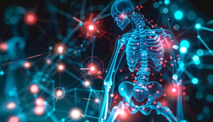 arthritis pain points diagram flowchart joint pain workflow blue skeleton thing being glowing red highlights and circles in agony digital thread diagram engineering