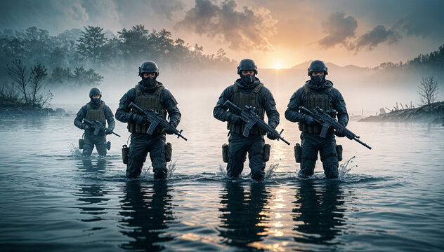 underwater operation commandos armed at sea
