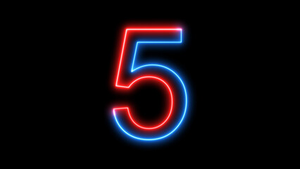 Neon 5 number icon. Glowing lights on black background.