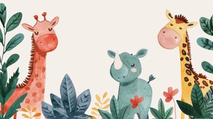 Cute watercolor illustration of giraffe and rhino in a jungle setting, perfect for children's art or nursery decor.
