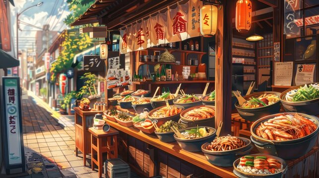 Colorful anime-style street food scene featuring traditional Japanese dishes, no people