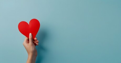 A hand holding a red paper heart blue background. Donate, charity, happiness, healthcare and medical concept