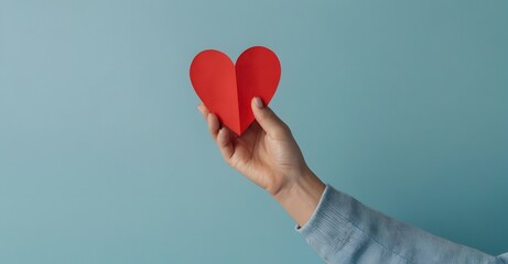 A hand holding a red paper heart blue background. Donate, charity, happiness, healthcare and medical concept