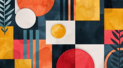 Vibrant abstract geometric pattern with bold colors and shapes, featuring circles, squares, and lines, perfect for modern designs and backgrounds.