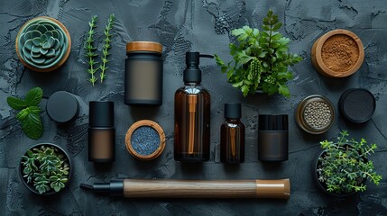 men cosmetic bottles,accessories,on concrete background beauty product design display branding flat lay top view.photo