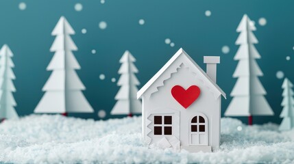 Fototapeta premium Cozy miniature house with red heart in snowy landscape, surrounded by white paper trees. Winter holiday and warmth concept.