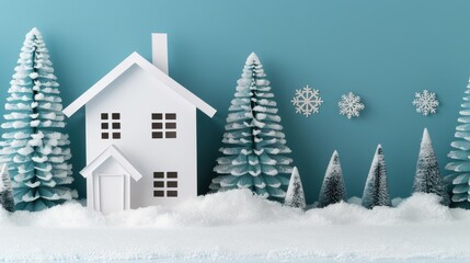 Cozy winter scene with a white house, snow-covered trees, and snowflakes against a blue background, evoking a festive holiday atmosphere.