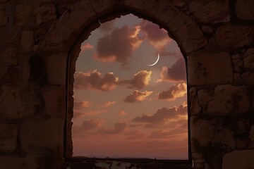 a window frame with clouds and the crescent moon in it, from inside an old stone building, dark sky, pink clouds, sunset light In castle 