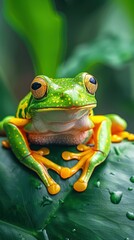A vivid green tree frog with yellow stripes perched on the edge of an emerald leaf, its eyes wide and focused intently at something off camera