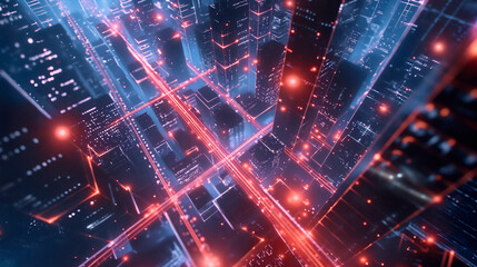 Obraz premium Illustration of futuristic cityscape with digital red digital lines, lights, and modern architecture, abstract design, urban background, concept of technology and vector graphics buildings.