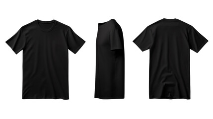 Blank black short-sleeved t-shirt mockup or template isolated on a transparent or PNG background, for designs, , showing all sides: front, rear, and side, clothing wear, clothes, apparel.