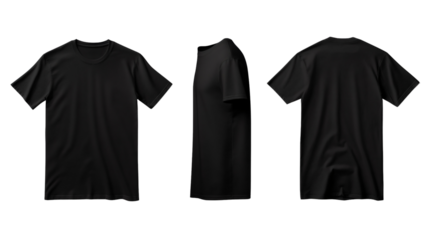 Blank black short-sleeved t-shirt mockup or template isolated on a transparent or PNG background, for designs, , showing all sides: front, rear, and side, clothing wear, clothes, apparel.