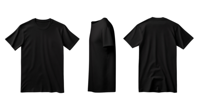 Blank black short-sleeved t-shirt mockup or template isolated on a transparent or PNG background, for designs, , showing all sides: front, rear, and side, clothing wear, clothes, apparel.