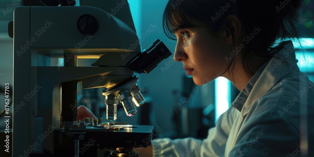 Poster a scientist is deeply engrossed in examining a specimen under a microscope in a modern laboratory se