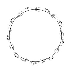 Abstract Black Simple Line Round Circle With Leaf Leaves Frame Flowers Doodle Outline Element Vector Design Style Sketch Isolated Illustration For Wedding And Banner