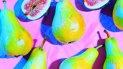   Close-up of fruits against pink blue backdrop with green yellow color scheme