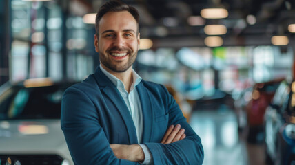 Obraz premium Portrait of beautiful business person smiling consultant in car salon. Car dealer in showroom