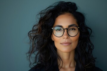 Obraz premium A woman wearing glasses stands out and smiles confidently with copy space. Indicates success in self-confidence. and a luxurious lifestyle that can be used in advertisements inspirational articles