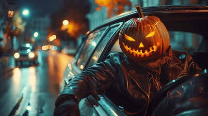 cool fun terror Man Halloween Pumpkin head driving a vintage car on the horror urban street 